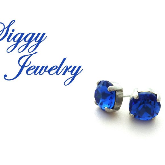 Sapphire Blue Crystal Gumdrop Earrings, 8mm Solitaire Studs, Posts, Silver Tone - Picture 3 of 6